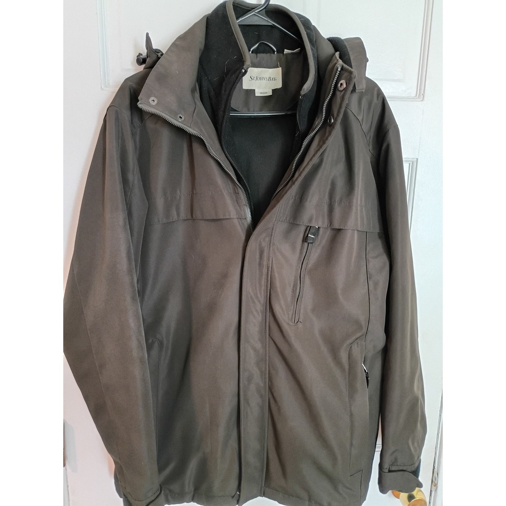 St Johns Bay Mens Hooded Parka Jacket Olive Green Fleece Lined Full Zip Medium